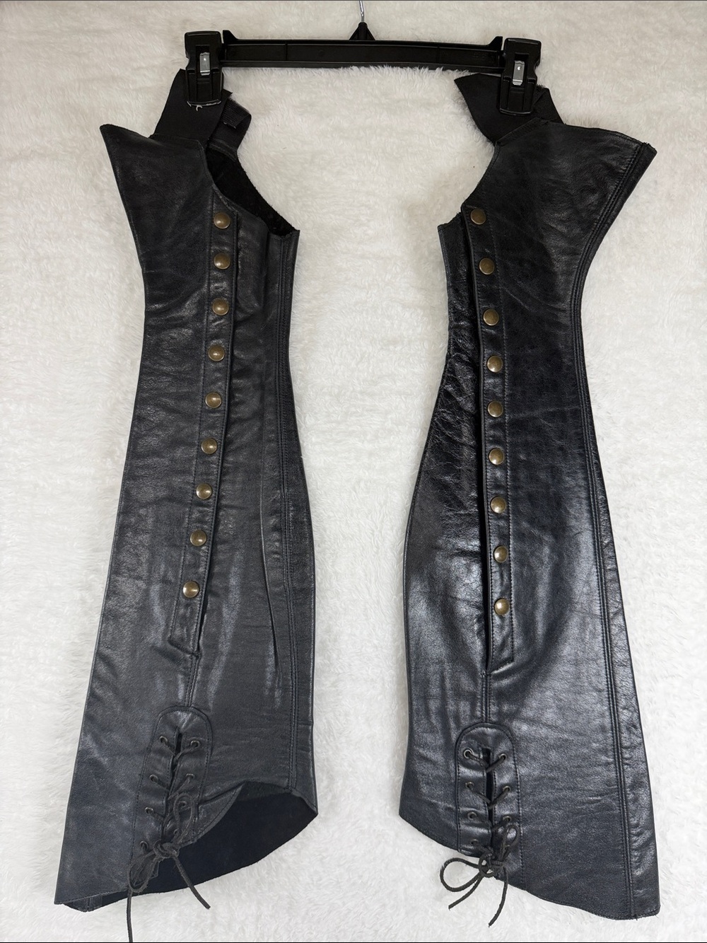 Elizabeth Melinek Strumpets Black Leather Riding Half Chaps Lace-Up Hem Brass